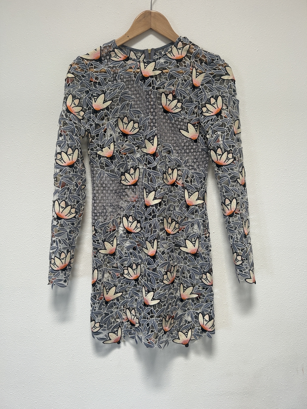 Self-Portrait Navy Lace Long Sleeve Dress with Peach Floral Appliqués